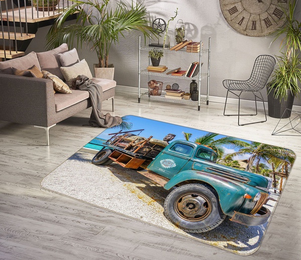 3D Blue Car Seaside Shadow On Sand Area Rug Home Decor