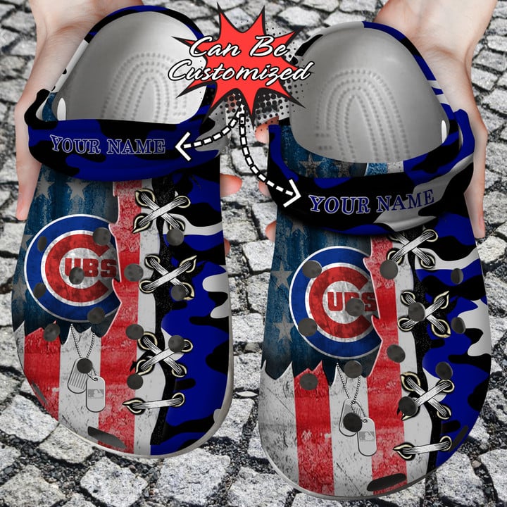 Baseball Crocss – Personalized Us Flag Chicago Cubs Cross Stitch Camo Pattern Clog Shoes