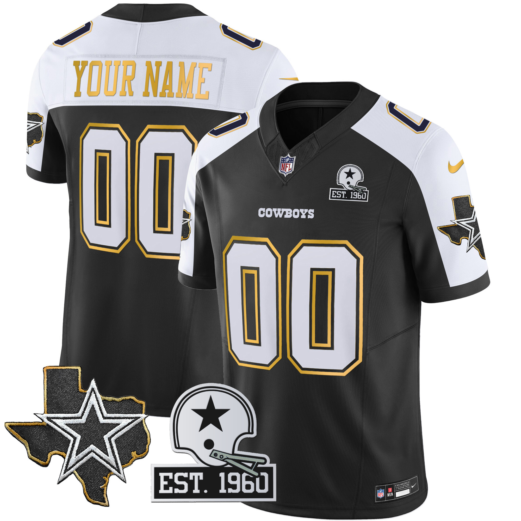 Cowboys Texas Patch Gold Trim Vapor Custom Jersey – All Stitched