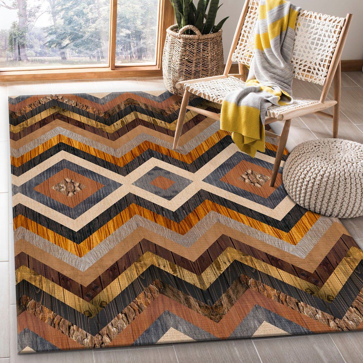 Wooden Geometric Pattern 1 Area Rug Carpet, Bedroom, Home Decor Floor Decor