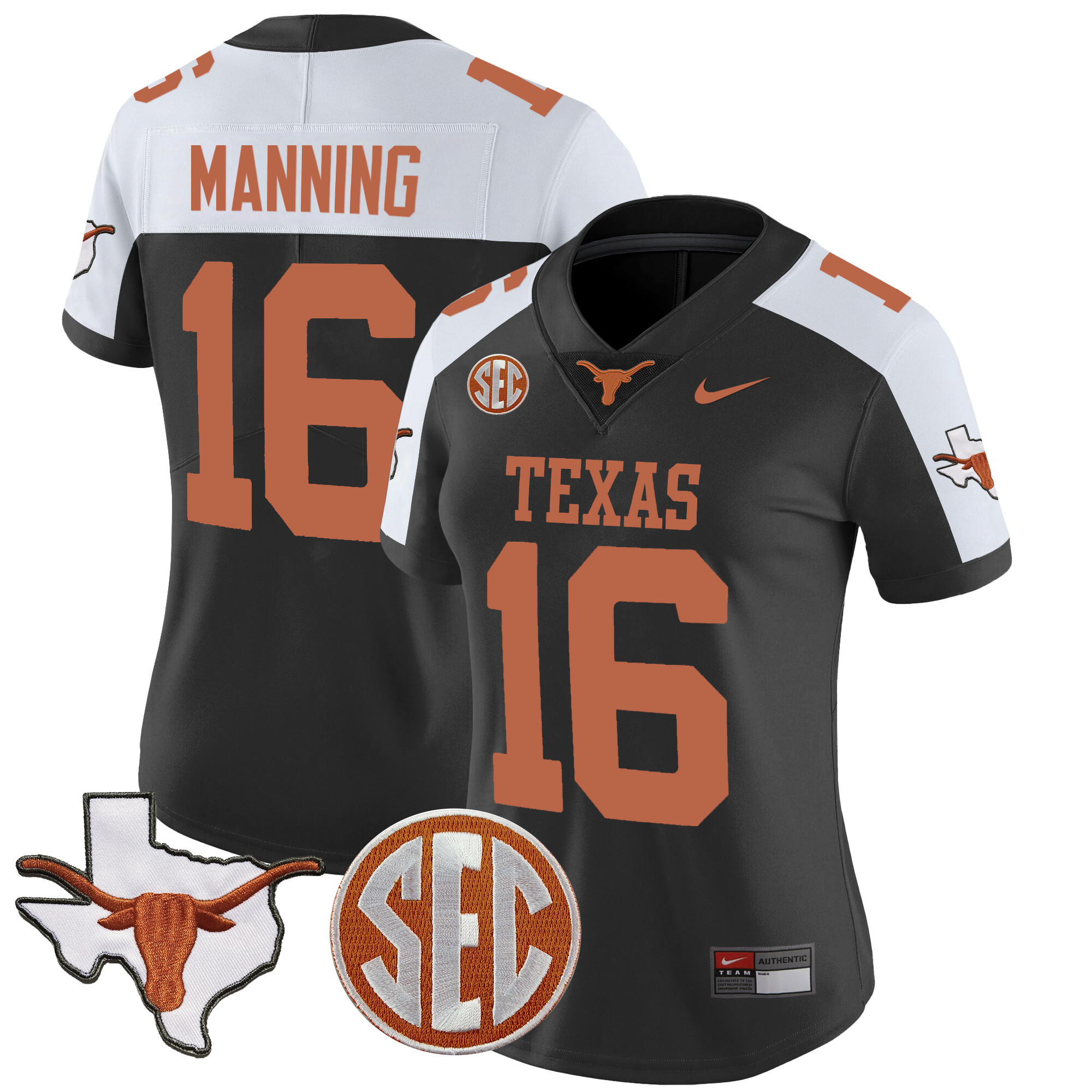 Women’S Texas Longhorns State Map & Sec Patch Vapor Jersey V2 – All Stitched