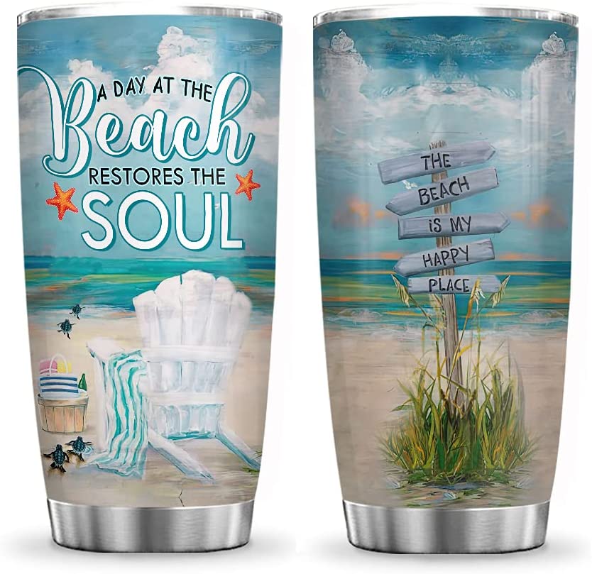 20Oz Beach Soul, Gift For Beach Lovers, Beach Inspiration Tumbler Cup With Lid, Double Wall Vacuum Thermos Insulated Travel Coffee Mug