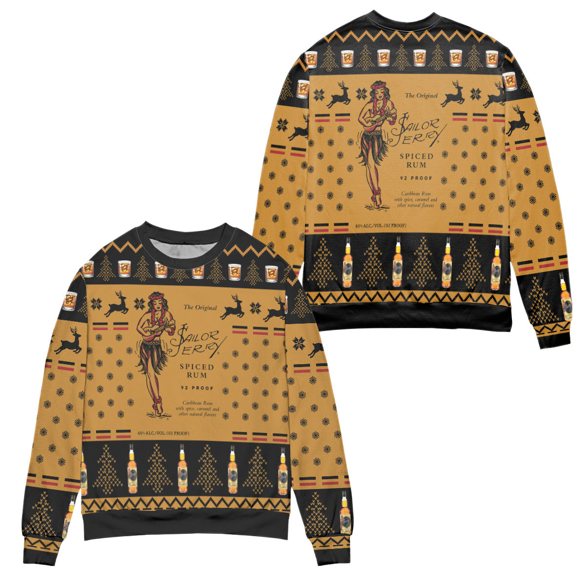 Sailor Jerry Spiced Rum Snowflake And Reindeer Ugly Christmas Sweater – All Over Print 3D Sweater