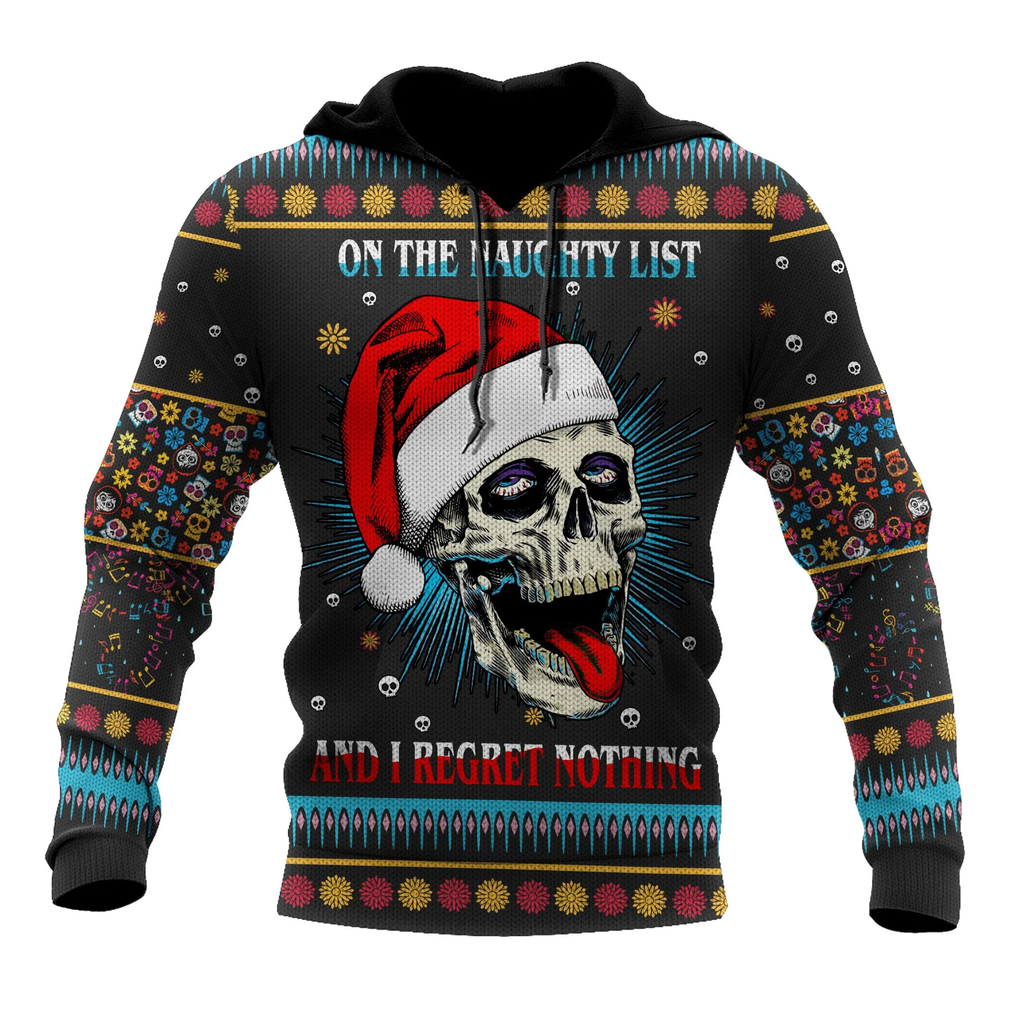 3D Skull Xmas Hoodie, On The Naughty List Skull Hoodie For Christmas