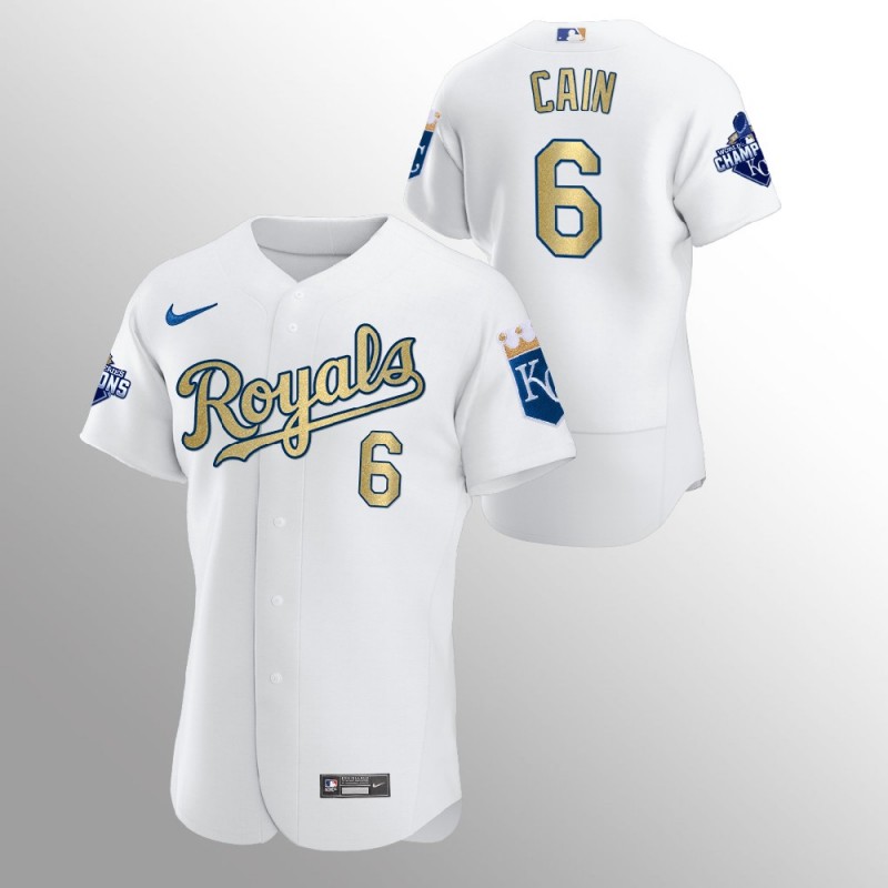 Kansas City Royals Lorenzo Cain White 2015 World Series Champions Nike Jersey – All Stitched, Embroidery