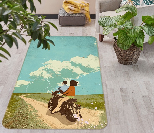 3D Blue Sky Cute Couple On Motorcycle Area Rug Home Decor