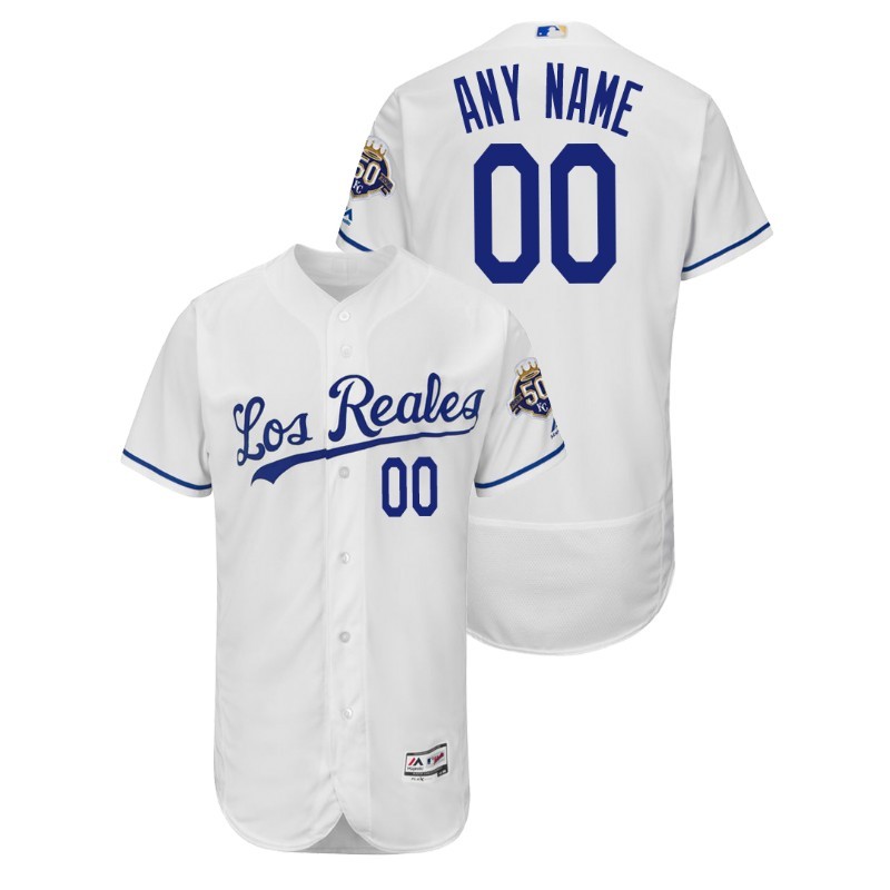 Men’S Kansas City Royals White Home Flex Base #00 Custom 50Th Anniversary Jersey – All Stitched, Embroidery