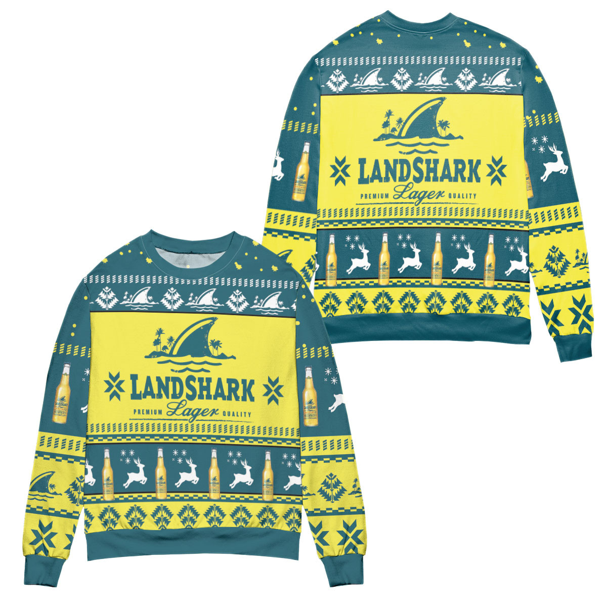 Landshark Lager Beer Logo Reindeer Pattern Ugly Christmas Sweater – All Over Print 3D Sweater – Yellow Blue