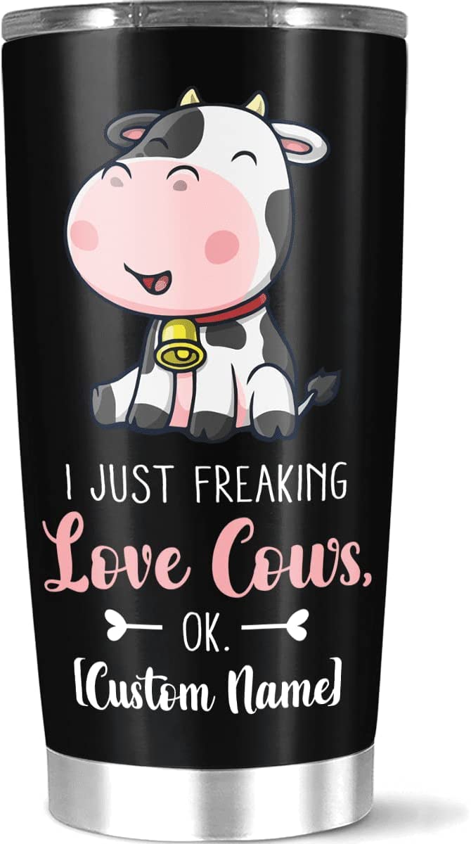 Personalized Lovely Cow Is Smiling Tumbler, Customized Name Just Love Cow Quote, Gift For Women Men Sister On Birthday, 20 Or 30 Oz Stainless Steel Coffee Cup, Home Travel Office Use, White