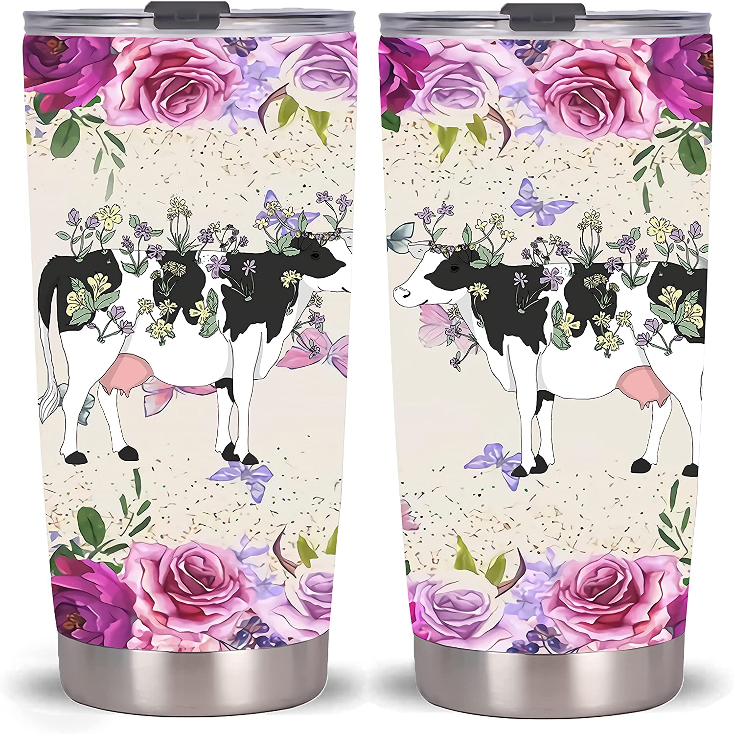 Cow 20 Oz Tumbler Travel Mug Stainless Steel Vacuum Insulated Cup With Lid (Fuchsia Floral And Cow)