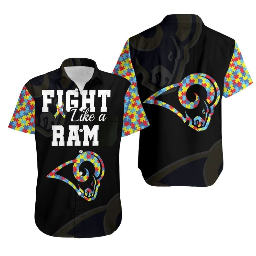 Fight Like A Los Angeles Rams Autism Support Hawaiian Shirt Combo Beach