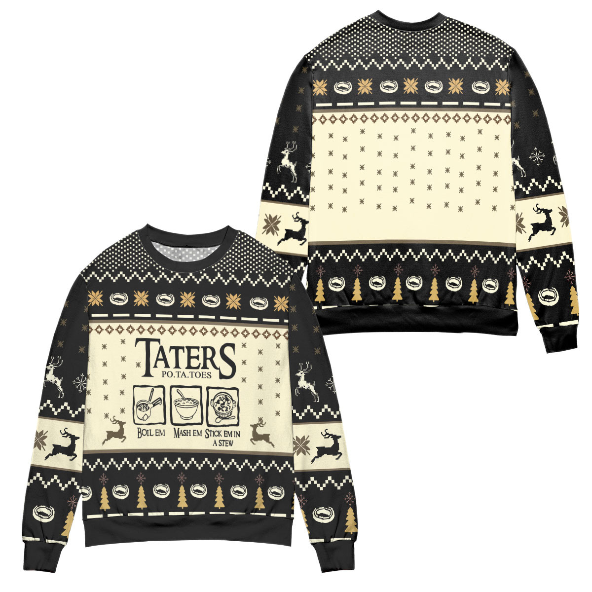 Lord Of The Rings Taters Potatoes Recipe Pine Tree & Reindeer Pattern Ugly Christmas Sweater – All Over Print 3D Sweater – Black