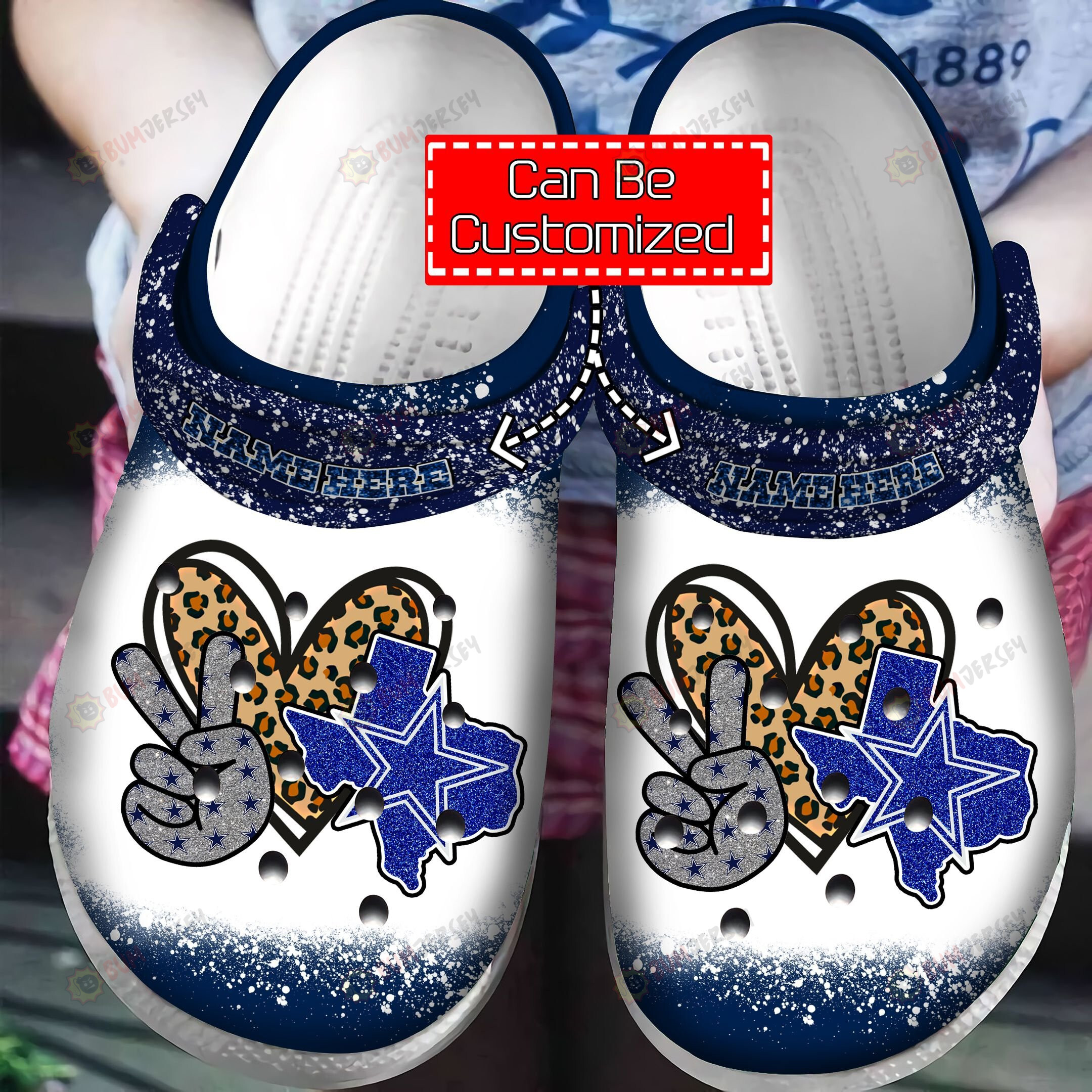 Peace Love Dallas Cowboys Glitter Leopard Custom Name Crocs Crocband Clog Comfortable Water Shoes – Aop Clog