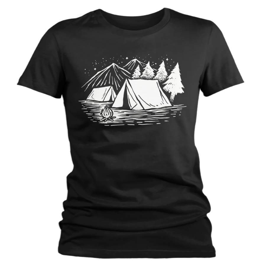 Women’s Tent T-Shirt Camping Shirts Graphic Tee Illustration Mountains Camp In Tent Vintage Shirt