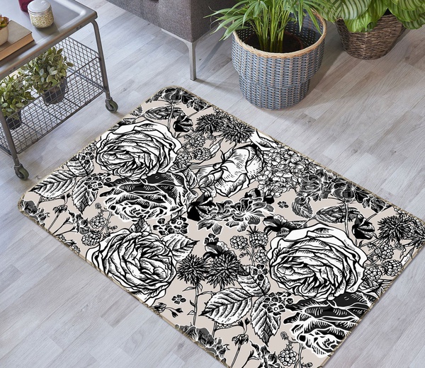 3D Black Ash Flowers Hand Drawn Area Rug Home Decor