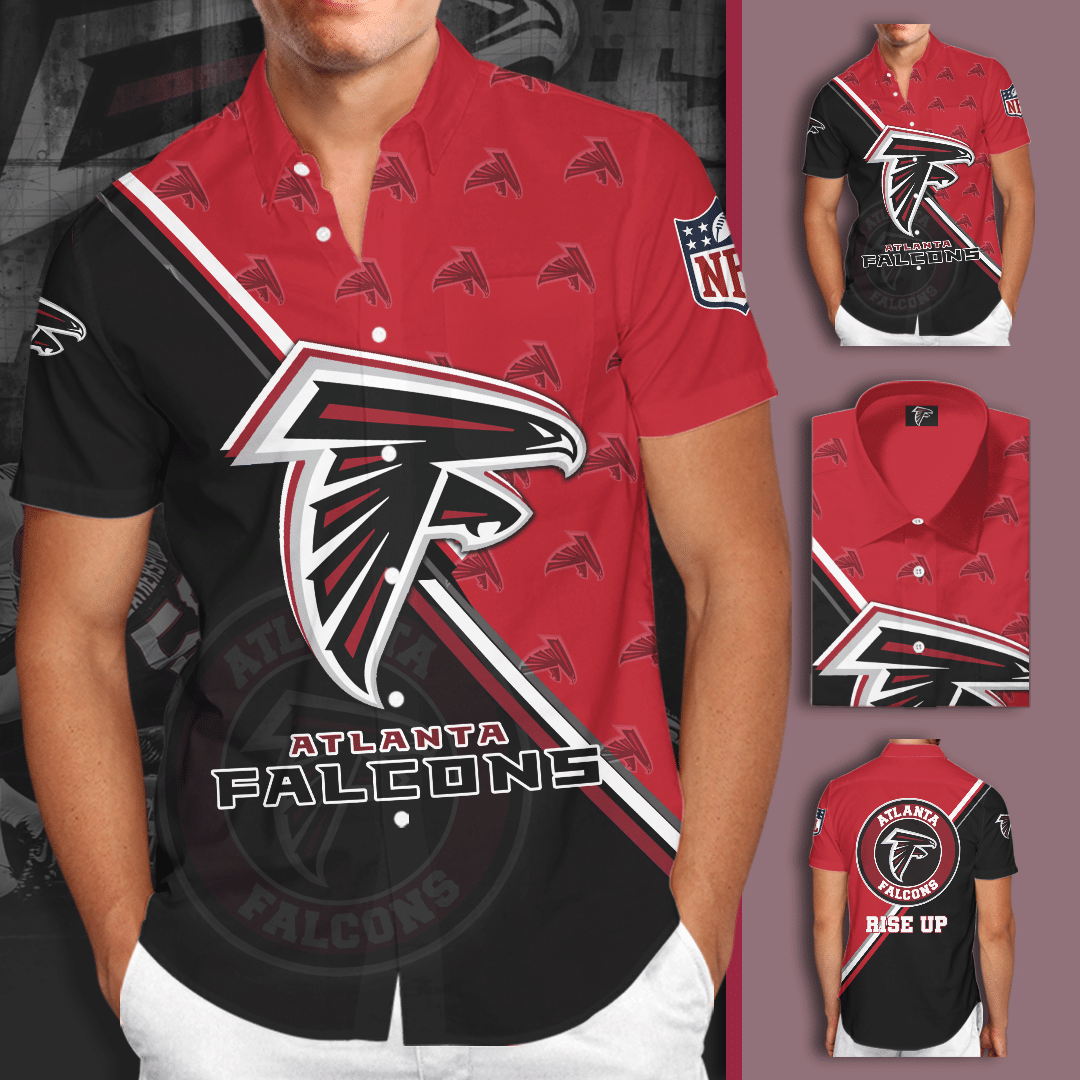 Atlanta Falcons Logo All Over Print 3D Short Sleeve Dress Shirt Hawaiian Summer Aloha Beach Shirt - Black Red - Iebacademy Shop