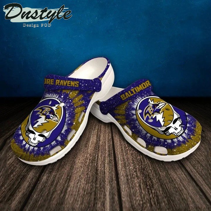 Baltimore Ravens Skull Pattern Crocs Classic Clogs Shoes In Purple & Yellow