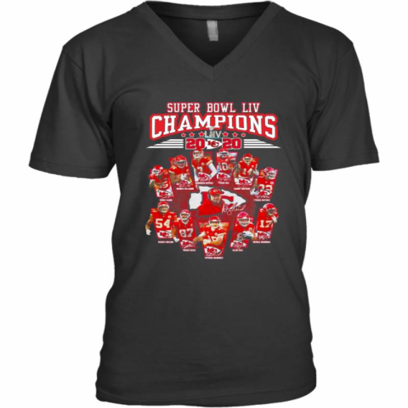 Super Bowl LIV Champions 2020 Kansas City Chiefs Signatures V-Neck T-Shirt