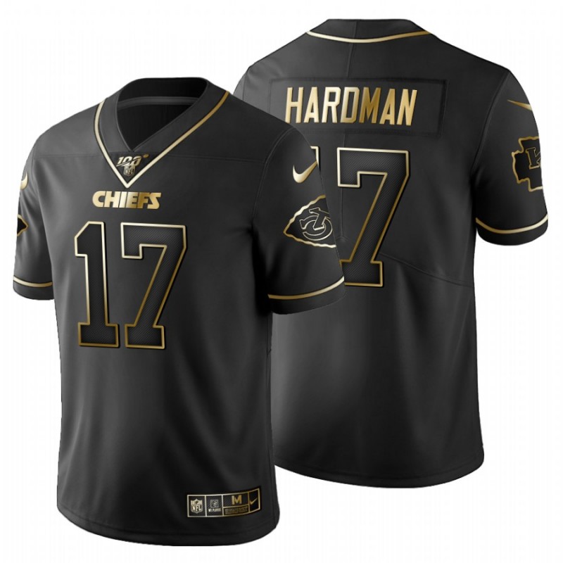 Men’S Kansas City Chiefs #17 Mecole Hardman Black Metallic Gold 100Th Season Jersey – All Stitched, Embroidery