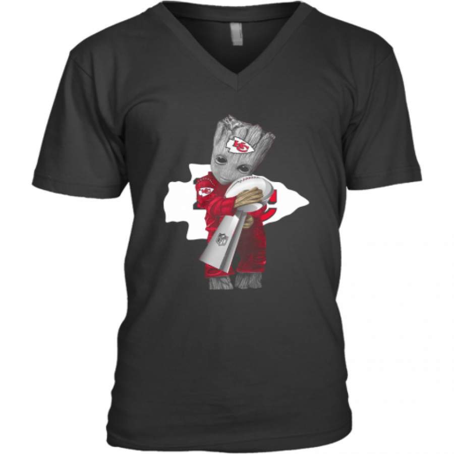 Baby Groot Hug Kansas City Chiefs Super Bowl Champions V-Neck T-Shirt