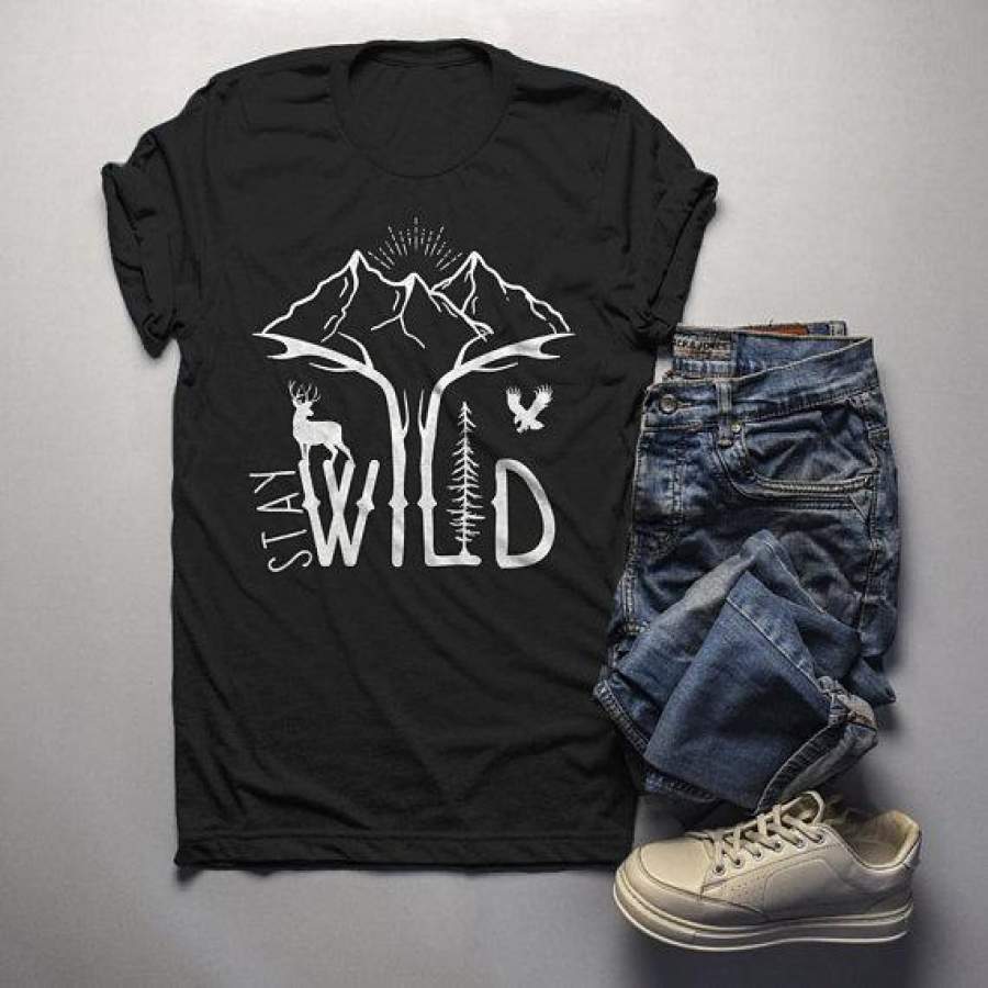 Men’s Hipster Stay Wild Shirt Mountains T-Shirt Explore Antlers Graphic Tee Camping Vintage