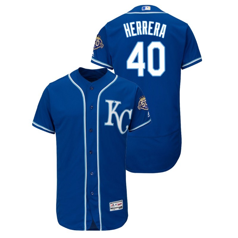 Men’S Kansas City Royals Blue Alternate Flex Base #40 Kelvin Herrera 50Th Anniversary Jersey – All Stitched, Embroidery