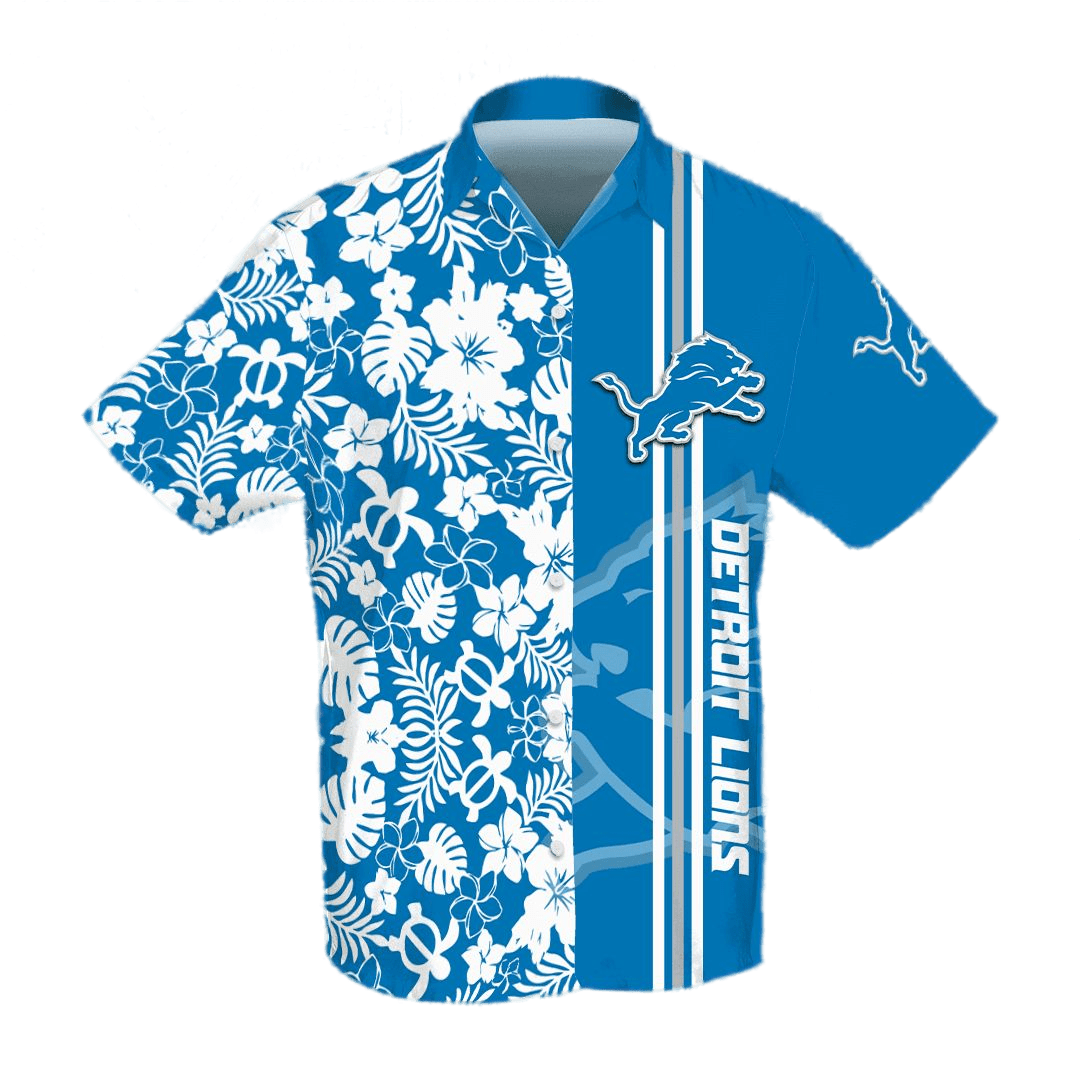 Detroit Lions Hawaiian Shirt Detroit Lions Team Symbol Flowers And Tutles Pattern White Blue Hawaii Shirt For Men Detroit Lions Aloha Shirt - Product by Prowallart Shop