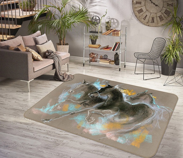 3D Black Horse Running Art Area Rug Home Decor