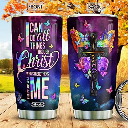 20Oz Faith Butterfly Christ Strengthens Me Stainless Steel Tumbler Cup With Lid, Double Wall Vacuum Thermos Insulated Travel Coffee Mug