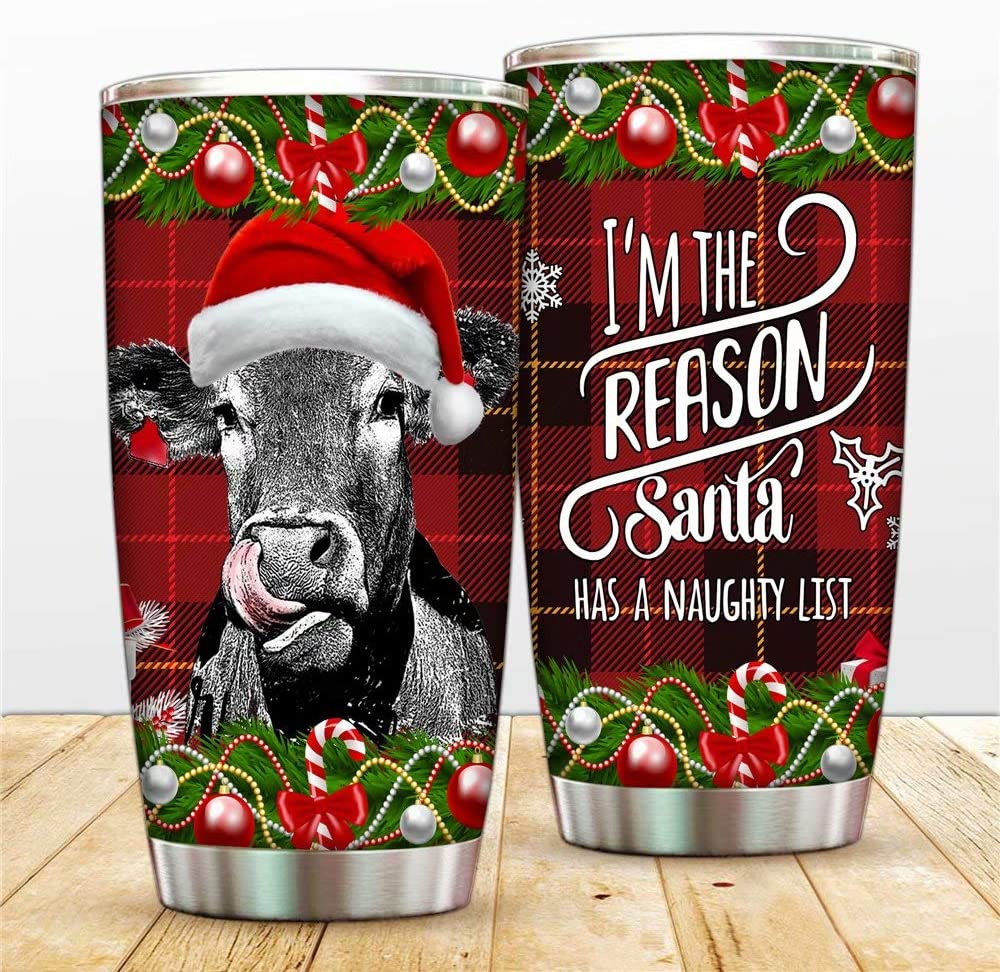 Christmas Tumbler Stainless Steel Tumbler Mug Cow Double Wall Vacuum Insulated Coffee Cup With Lid Straws Brush, 20Oz Travel Mug For Car Home Office School