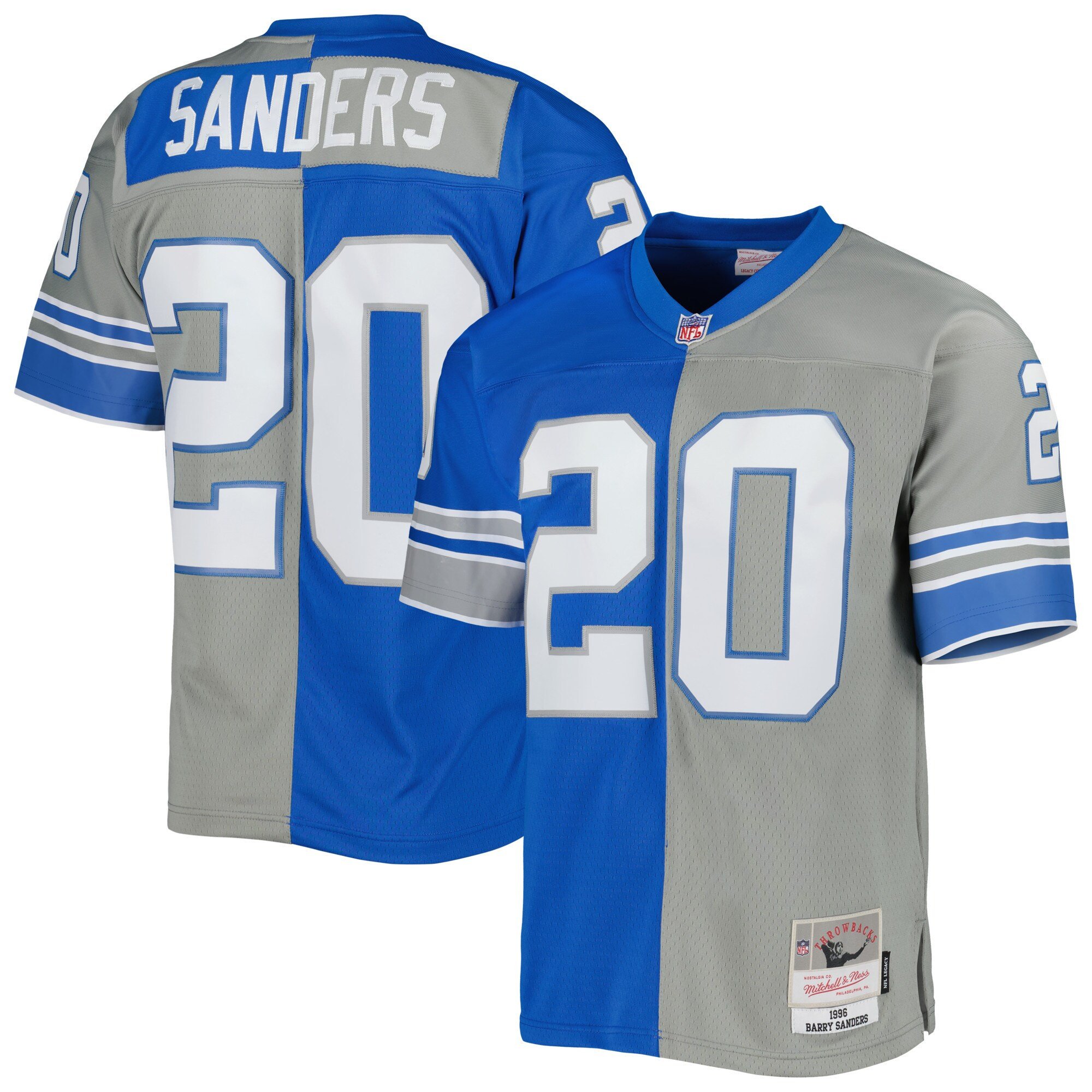 Barry Sanders Detroit Lions 1996 Mitchell & Ness Silver Blue Split Legacy Jersey – All Stitched