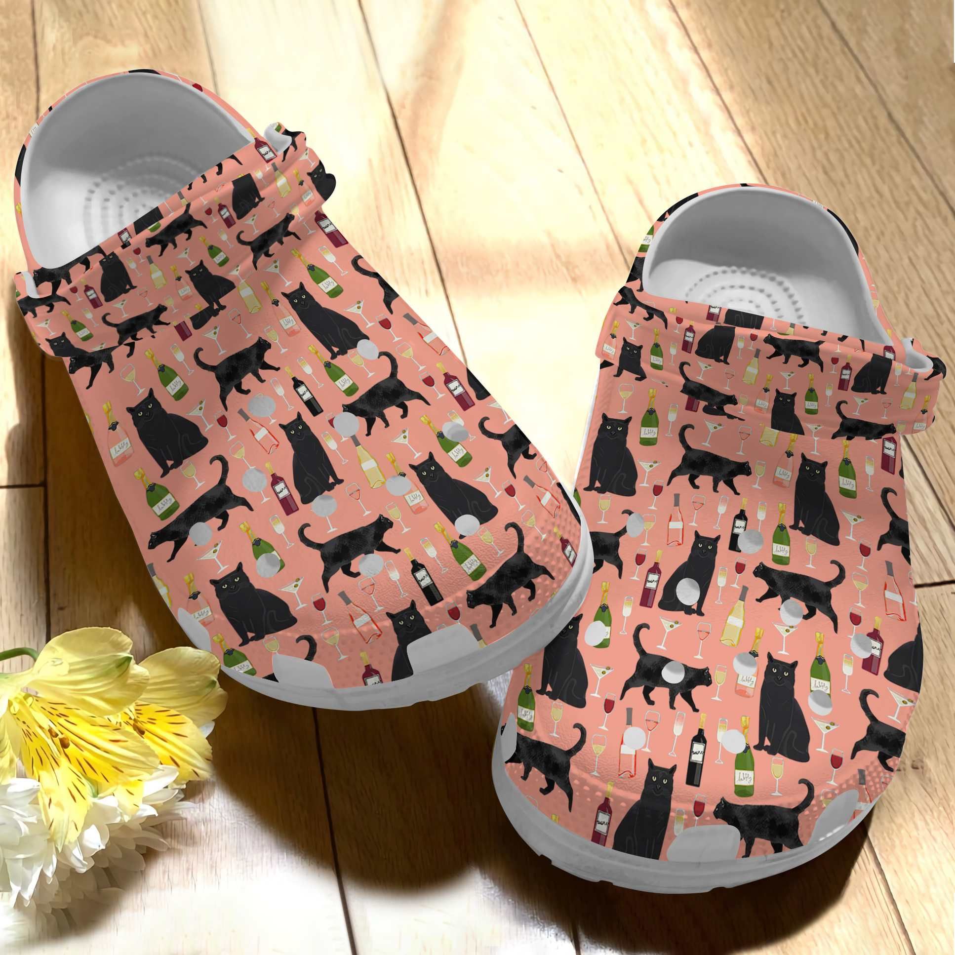 Black Cat And Wine Shoes Crocs – Funny Animal Crocbland Clog Birthday Gift For Man Woman