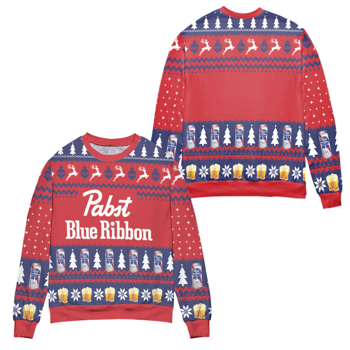 Pabst Blue Ribbon Beer Pine Tree & Reindeer Pattern Ugly Christmas Sweater – All Over Print 3D Sweater – Red