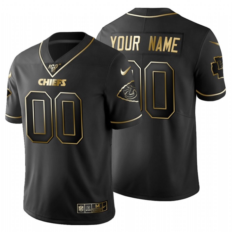 Men’S Kansas City Chiefs #00 Custom Black Metallic Gold 100Th Season Jersey – All Stitched, Embroidery