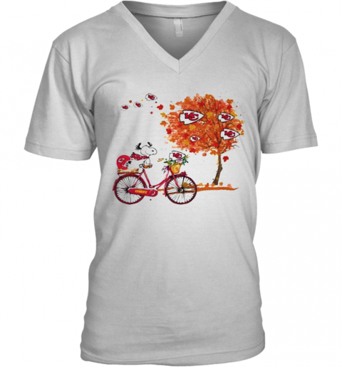 Maple Leaves Snoopy Riding Bike Logo Kansas City Chiefs V-Neck T-Shirt