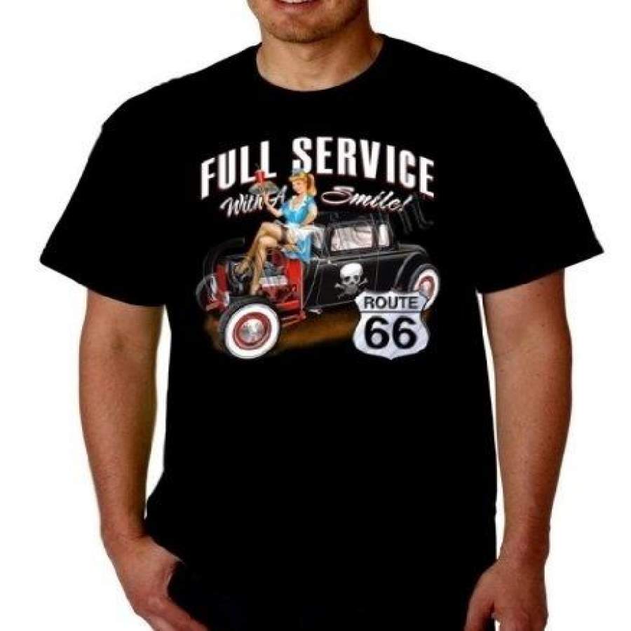 Full Service Drive In Hot Rod T Shirt Route 66 Vintage Car Skull Funny T Shirt Men Casual Shirt Mens Fashion Shirt