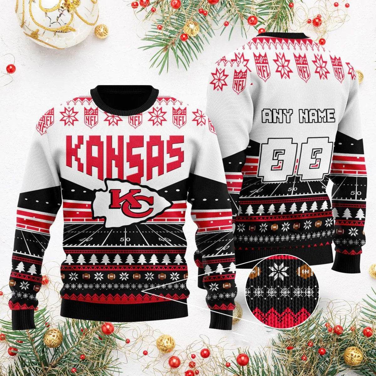 Custom Name Number Kansas City Rugby Stadium Ugly Christmas Sweater, Ugly Sweater For Men Women