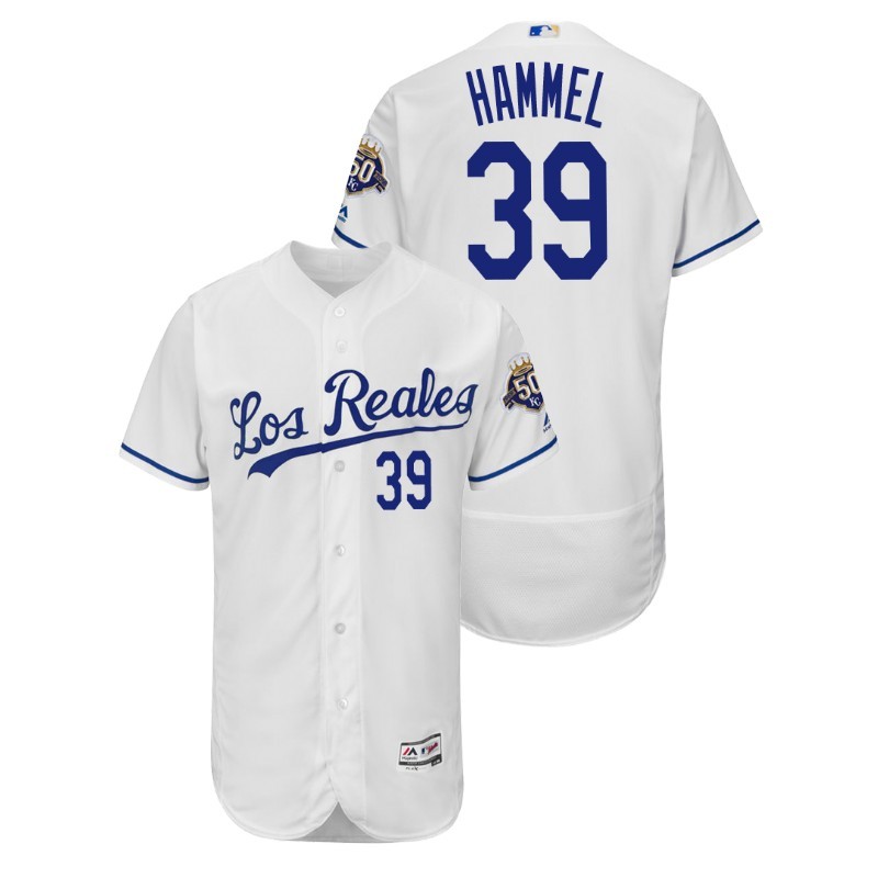 Men’S Kansas City Royals White Home Flex Base #39 Jason Hammel 50Th Anniversary Jersey – All Stitched, Embroidery