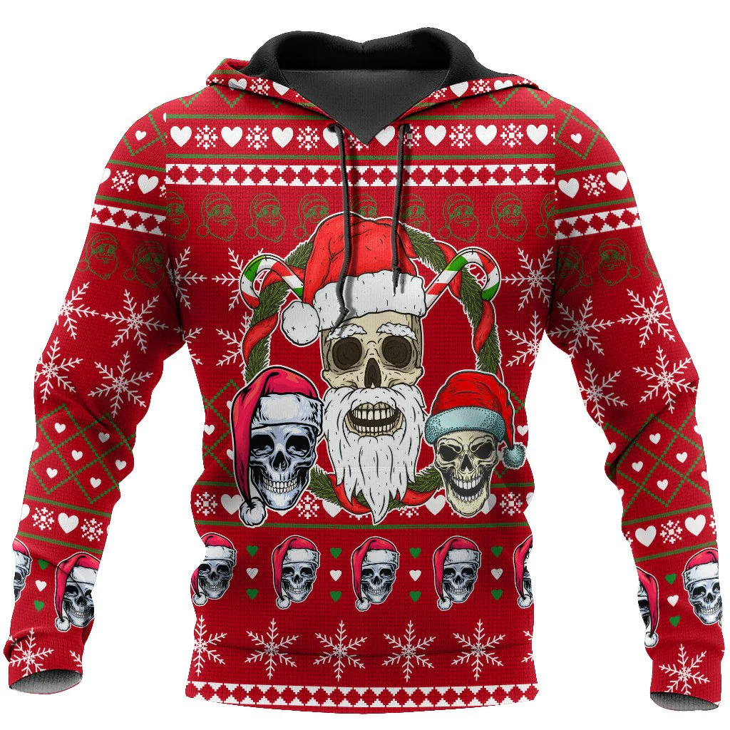 3D All Over Print Hoodie With Skull On Christmas, X Mas Gift For Skull Lover, Skull Xmas Hoodie