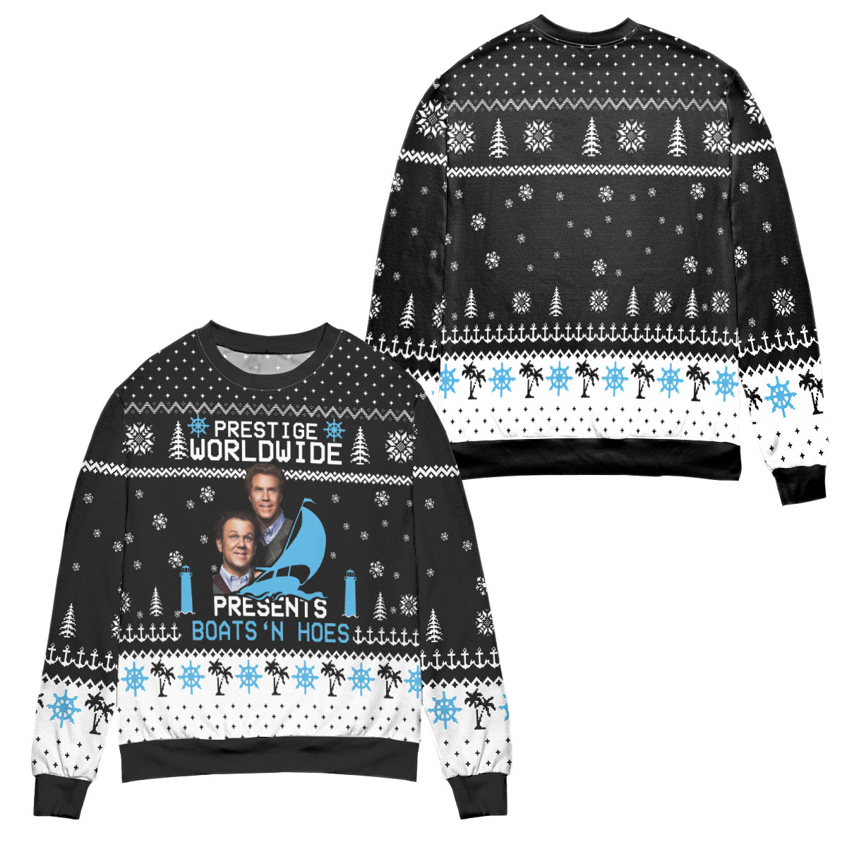 Step Brothers Prestige Worldwide Presents Boats ‘N Hoes Ugly Christmas Sweater – All Over Print 3D Sweater – Black