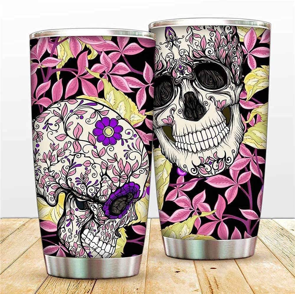 Skull Girl Travel Tumbler 20Oz Stainless Steel Tumbler Mug Vacuum Insulated Ice Hot Beverage Skull Coffee Cup With Lids Straw (Flower Skull)