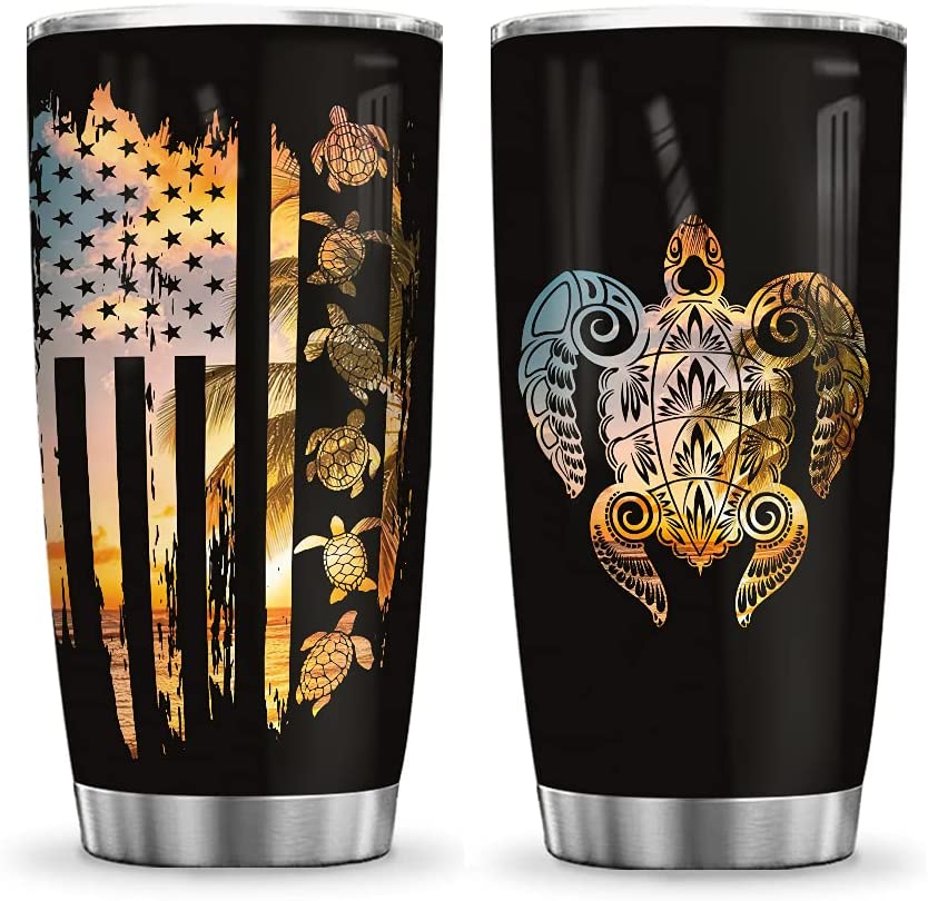 20Oz American Turtle Sea Ocean Turtle Inspiration Tumbler Cup With Lid, Double Wall Vacuum Thermos Insulated Travel Coffee Mug