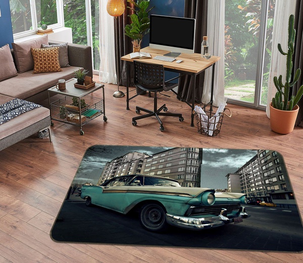 3D Antique Blue Car Street Area Rug Home Decor