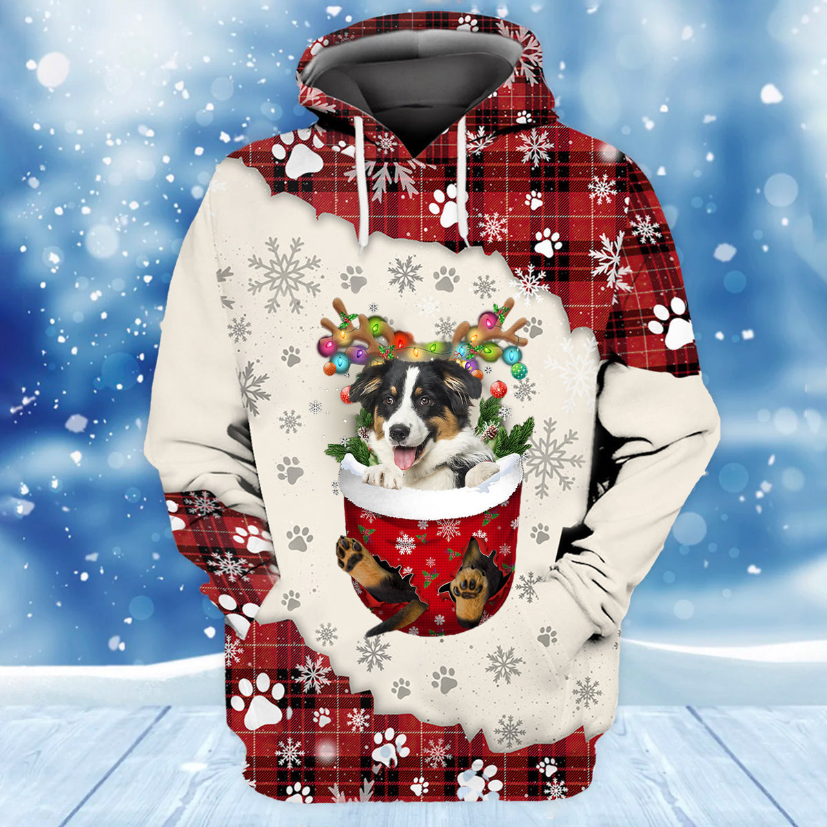 Australian Shepherd In Snow Pocket Merry Christmas Unisex Hoodie