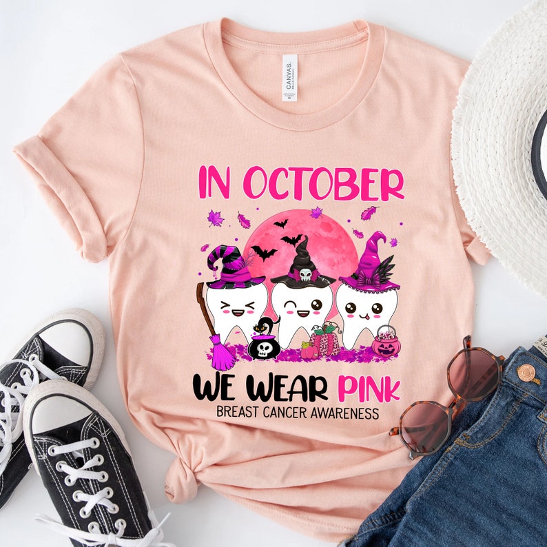 In October We Wear Pink Breast Cancer Awareness Dental Shirt, Halloween Cancer Dentist Gift , Dental Squad Halloween T-Shirt,Pink Ribbon Tee