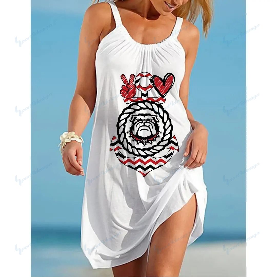 Ncaaf Georgia Bulldogs Print Sleeveless Beach Dress With Round Neck 030