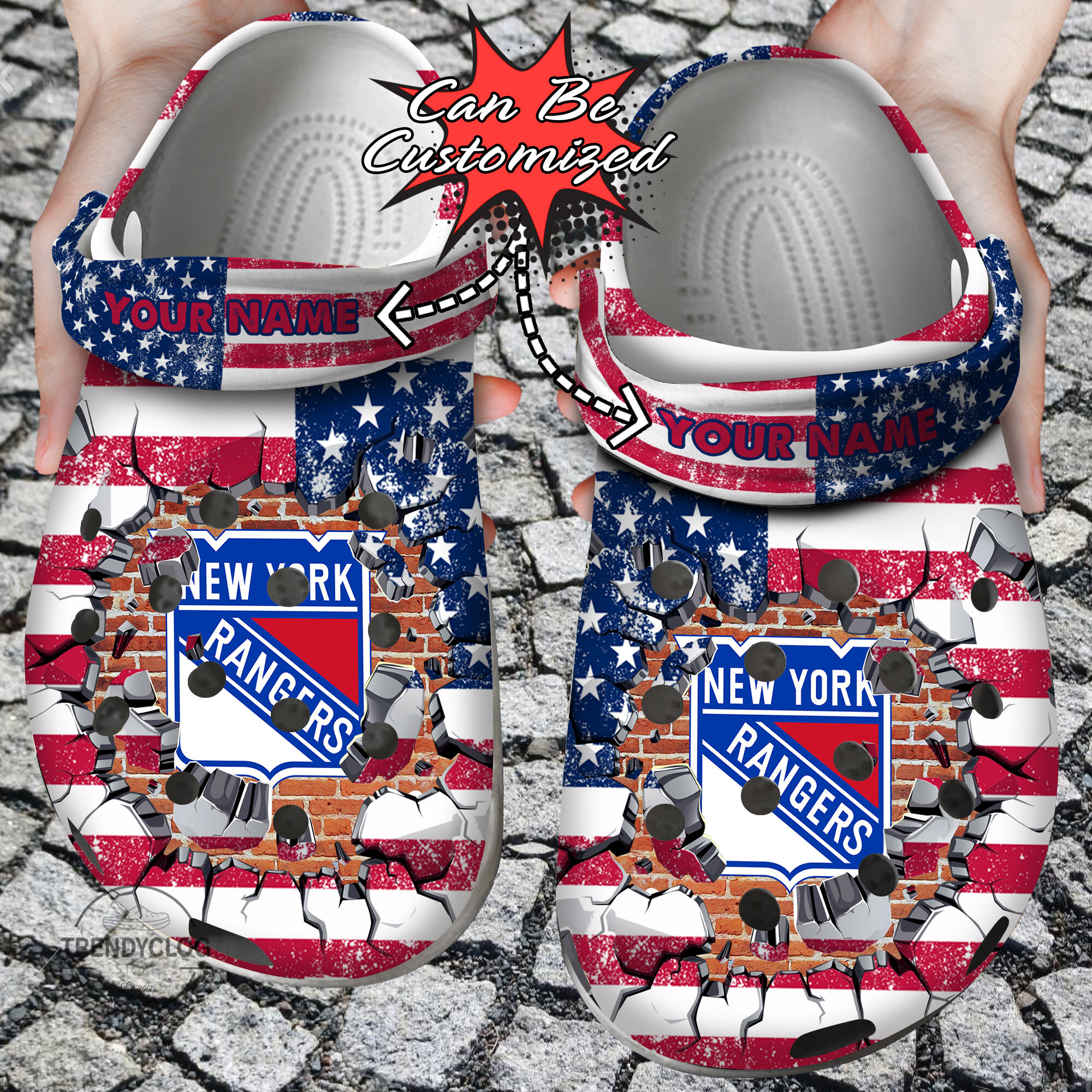 Hockey Crocs – Personalized Ny Rangers American Flag Breaking Wall Clog Shoes