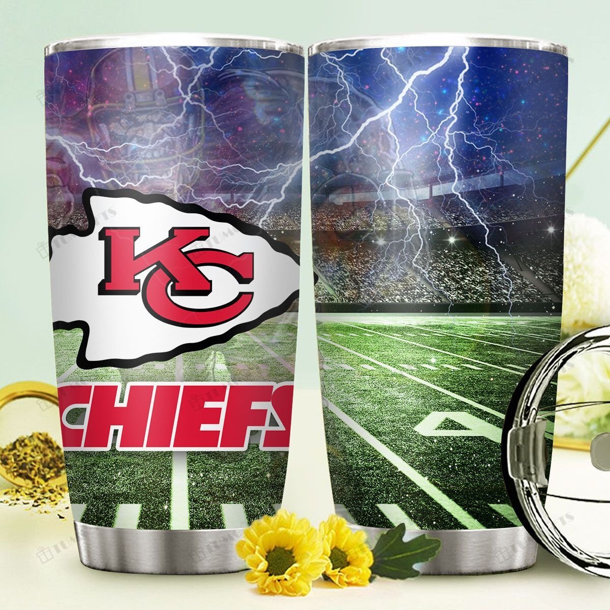 Buy Kansas City Chiefs American Football Team Logo On Stadium Background Stainless Steel Tumbler