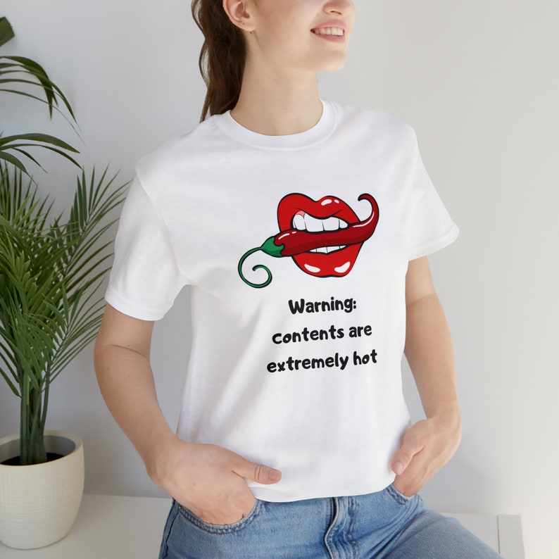 Red Illustrated Chili Pepper Warning Contents Are Extremely Hot Funny Unisex Jersey Short Sleeve Tee