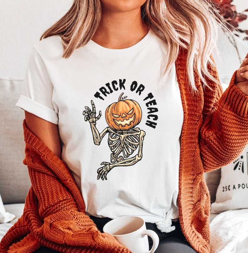 Trick Or Teach Halloween Shirt For Teachers, Fall Teacher Shirt, Spooky Pumpkin Shirt, Skeleton Shirt, Retro Halloween, Teacher Crewneck